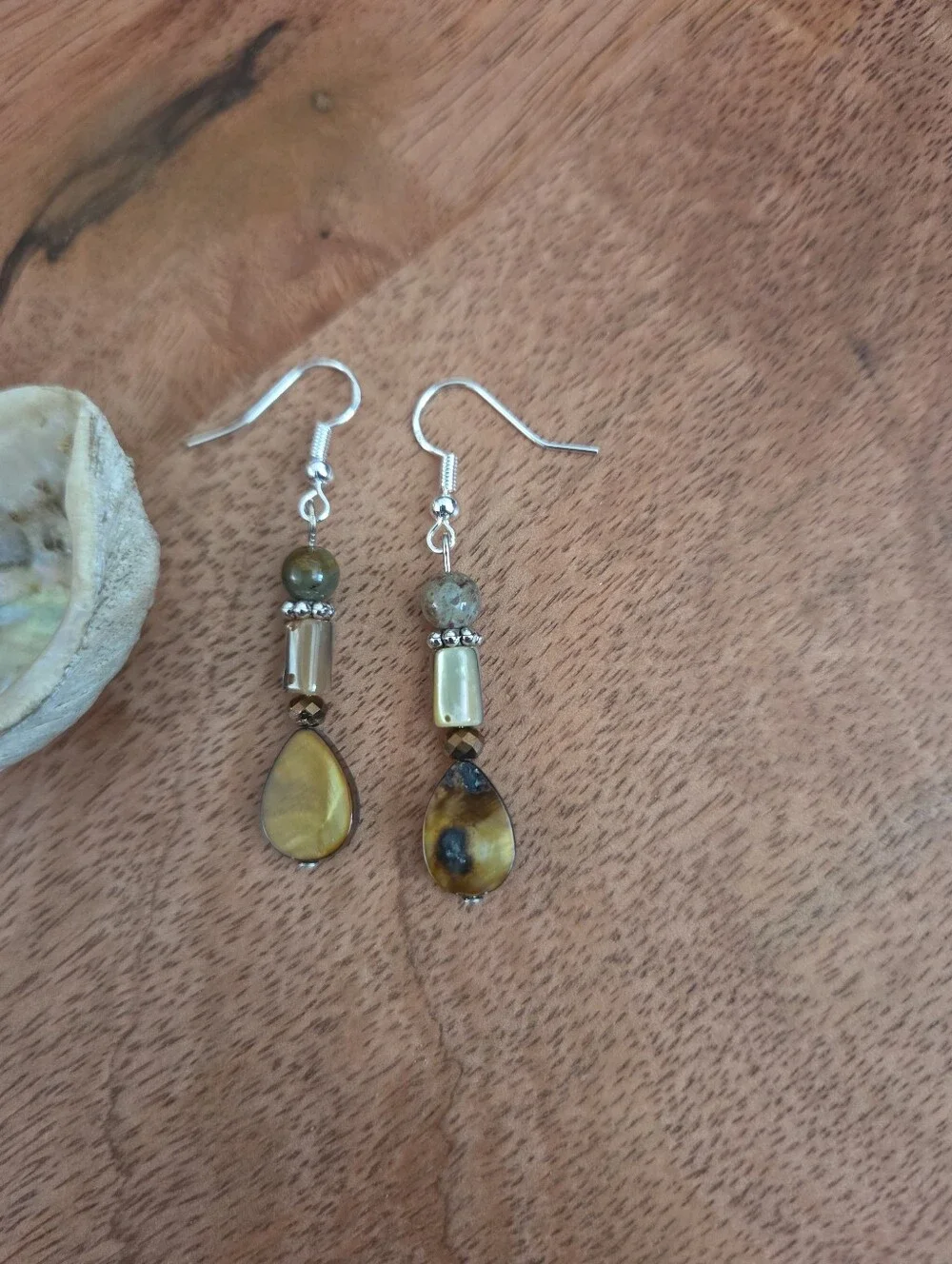 Bohemian Handmade Brown Green Teardrop Dangle Earrings Fairy Whimsical Artsy